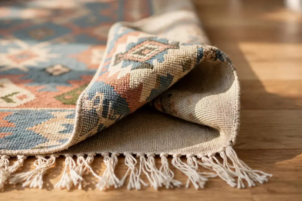 Folded corner of a wool area rug showing the knotted pile and fringe