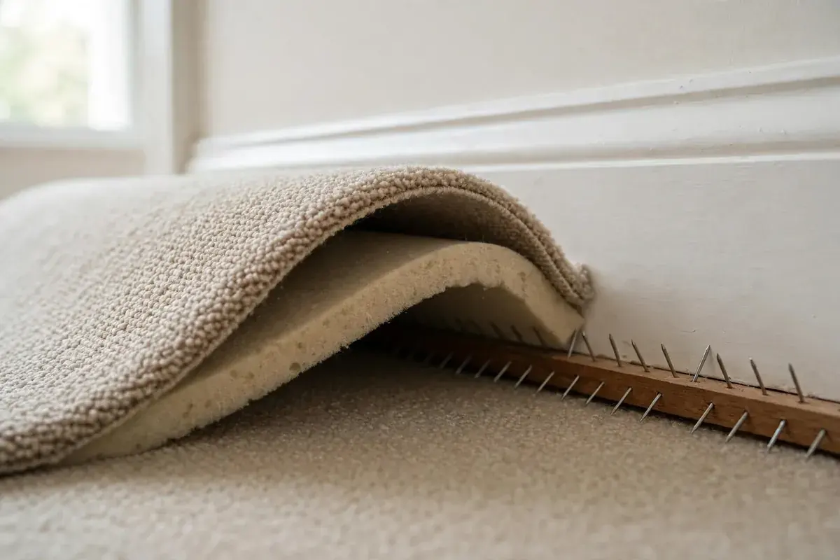 Carpet edge lifted at a baseboard to show the wooden tack strip
