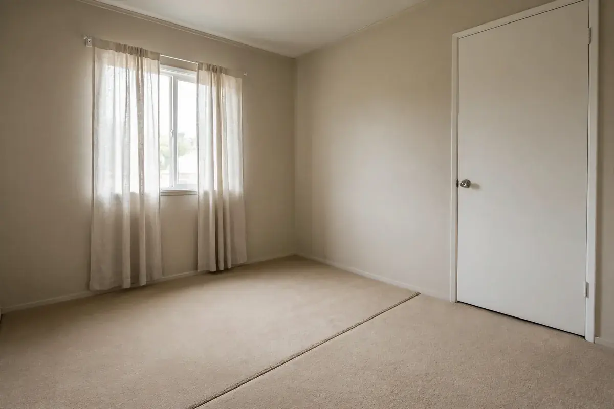 Empty bedroom with smooth beige carpet and a neat seam near the closet