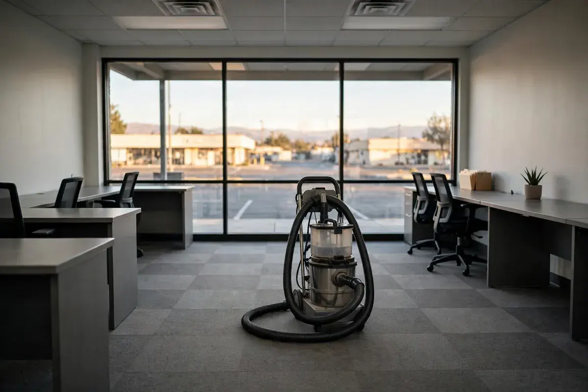 Quiet small office with clean carpet tile and a portable extraction machine