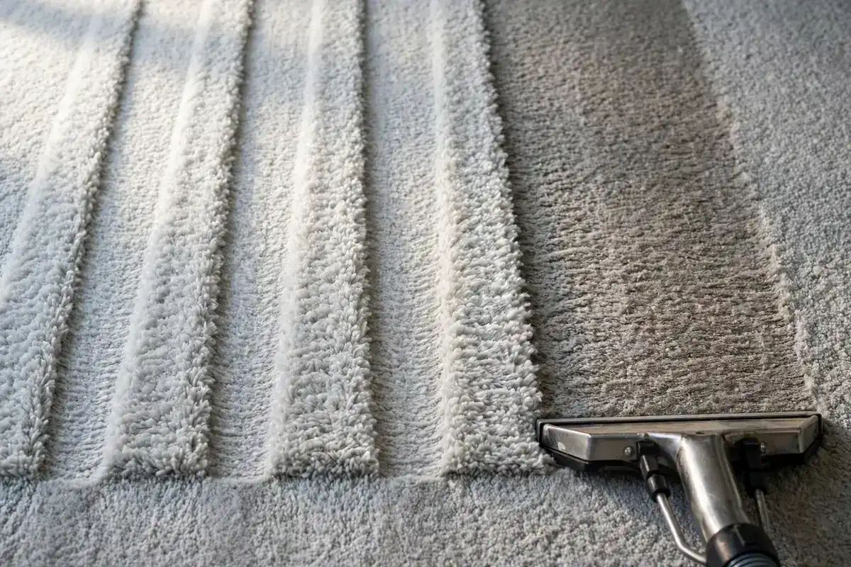 Gray carpet with straight clean lanes beside a section not yet cleaned