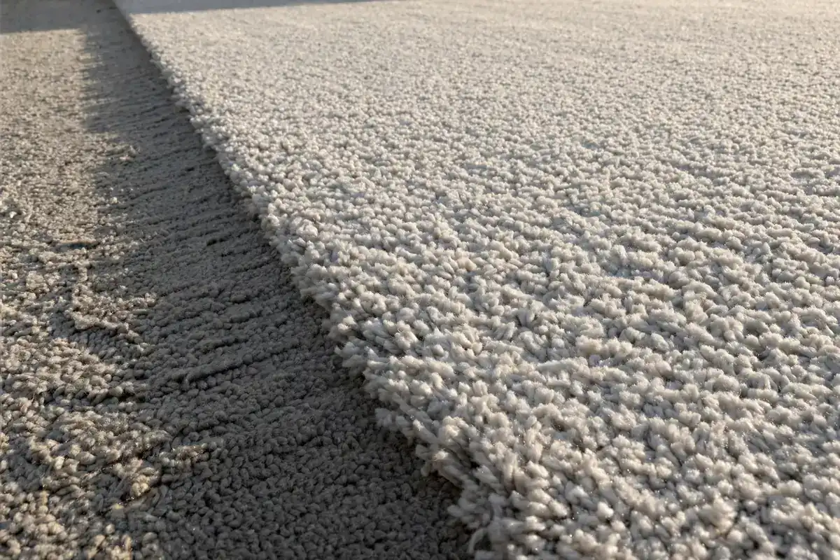 Gray carpet with a dark worn traffic lane next to a lighter area