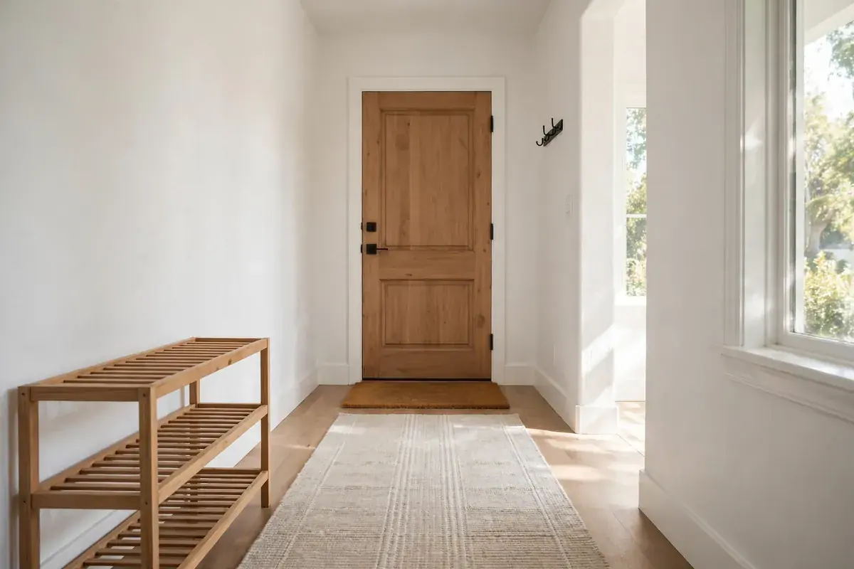 Home entry hall with a doormat, empty shoe rack and clean carpet runner