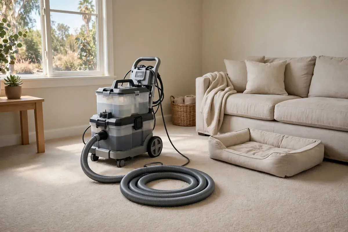 Living room with clean carpet, an extraction machine and an empty dog bed