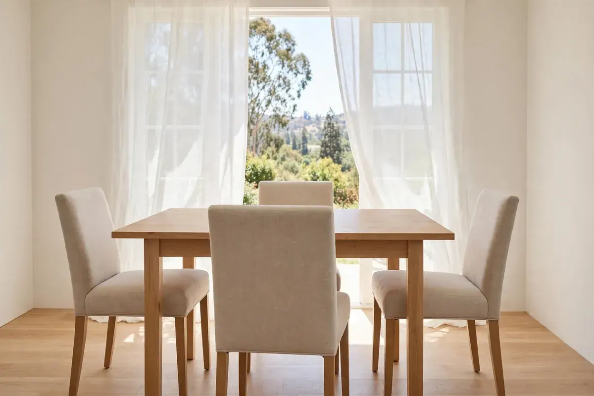 Dining room with four upholstered chairs around a wooden table near a window